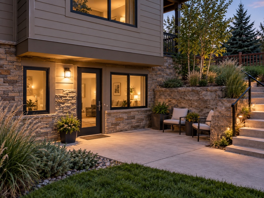 Representative walk-out basement ADU entrance with patio and stairs